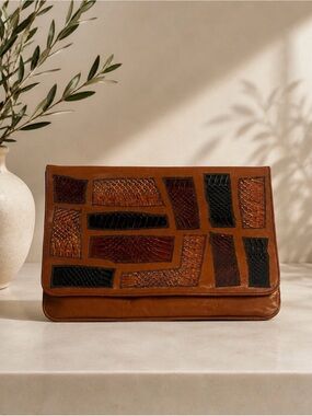 Vintage Sakowitz Italian Leather Exotic Snakeskin Patchwork Clutch Bag Brown